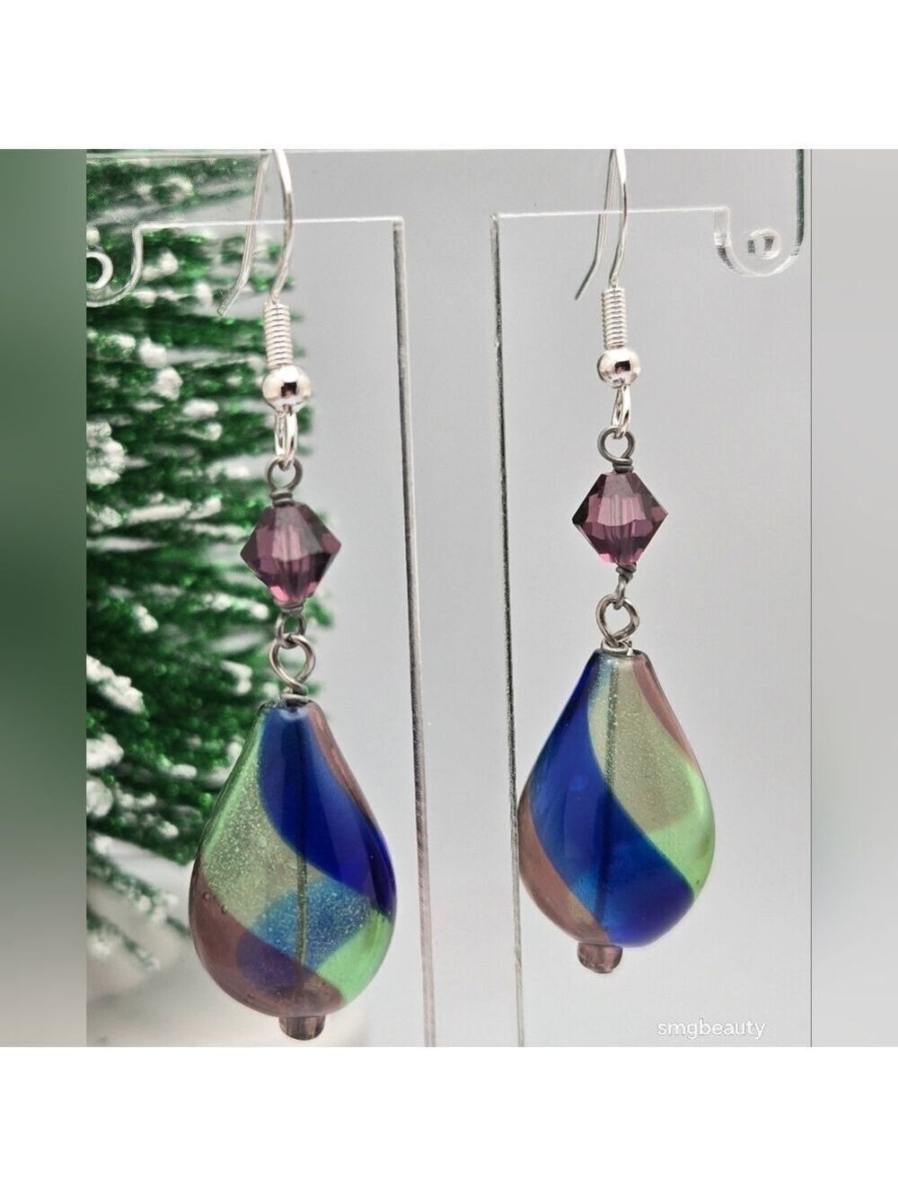 Hand-Blown Glass Dangle Earrings Sterling Silver Hooks Handmade Artisan
